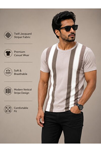 DİO Premium Men’s Sky Blue Twill Jacquard Striper T-Shirt | Soft Breathable C...