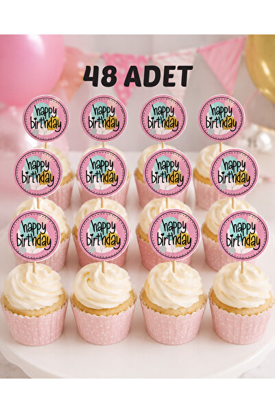 Dijital Nostal Happy Birthday Cupcake Topper Kürdan Süs | Pembe Parti Konsept...