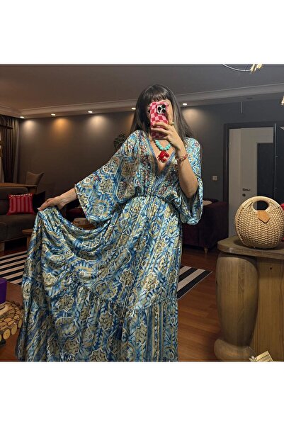 moda gk Boncuk/Nakış Detaylı Parlak Desenli Bohem İpek Elbise