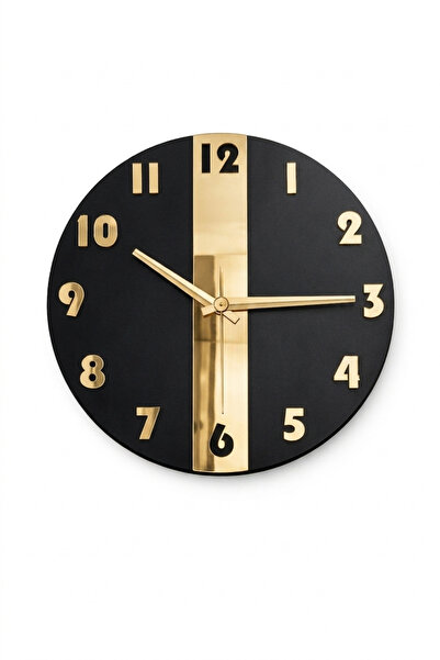 AS TASARIM LAZER Aevum Model Decorative Wall Clock Wooden Black with Gold Ple...