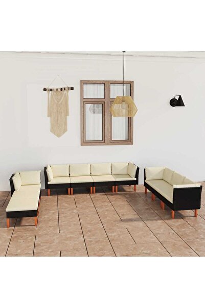 vidaxl Set mobilier de gradina cu perne, 10 piese, negru, poliratan