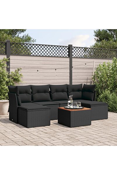 vidaxl Garden sofa set with cushions, 7 pieces, black, polyrattan