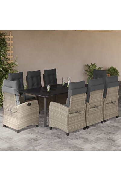 vidaxl Garden furniture set with cushions, 9 pieces, light grey, polyrattan