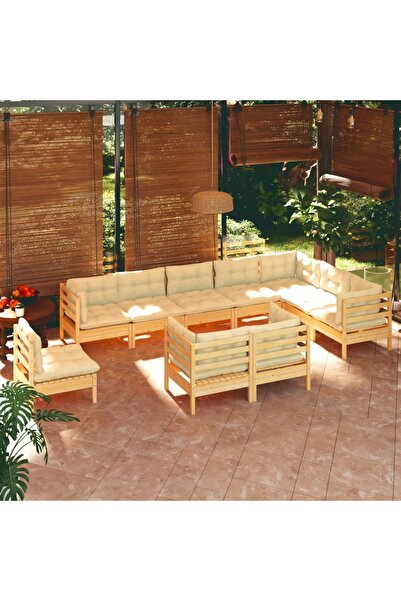 vidaxl Set mobilier gradina cu perne crem, 10 piese, lemn masiv de pin