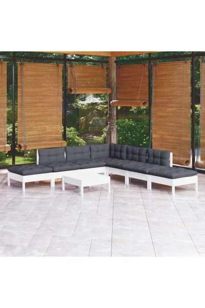 vidaxl Set mobilier de gradina cu perne, 8 piese, alb, lemn de pin