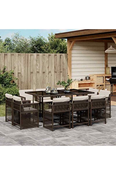 vidaxl Set mobilier de gradina cu perne, 11 piese, maro, poliratan