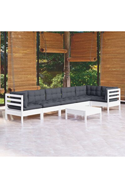 vidaxl Set mobilier de gradina cu perne, 7 piese, alb, lemn de pin