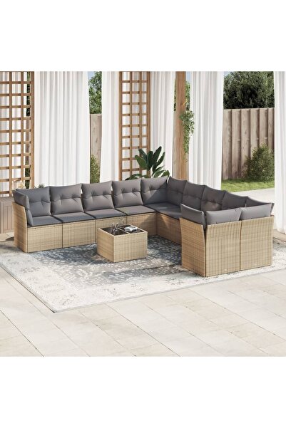 vidaxl Garden sofa set with cushions, 11 pieces, beige, polyrattan