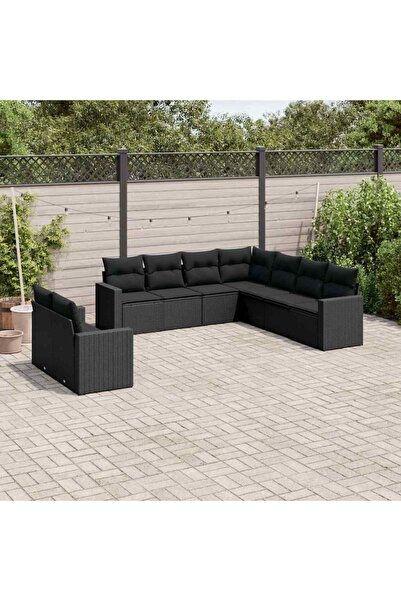 vidaxl Set mobilier de gradina cu perne, 9 piese, negru, poliratan