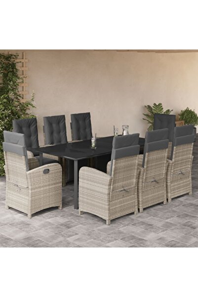 vidaxl Garden furniture set with cushions, 9 pieces, light grey, polyrattan