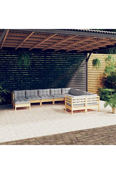 vidaxl Set mobilier de gradina cu perne gri 10 piese lemn masiv de pin
