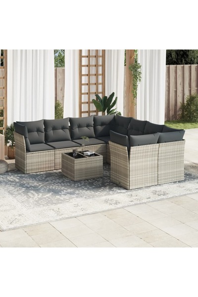vidaxl Garden sofa set with cushions, 9 pieces, light grey, polyrattan