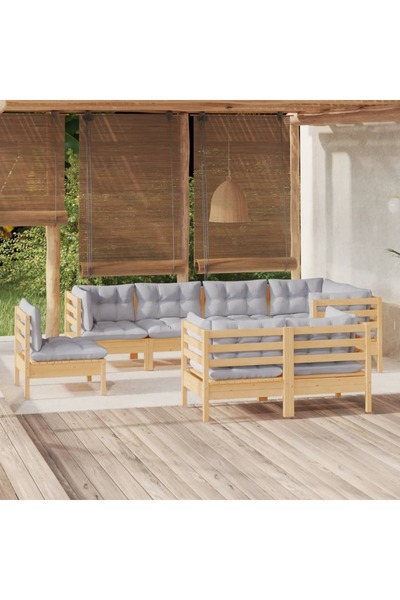 vidaxl Set mobilier de gradina cu perne gri, 8 piese, lemn masiv pin