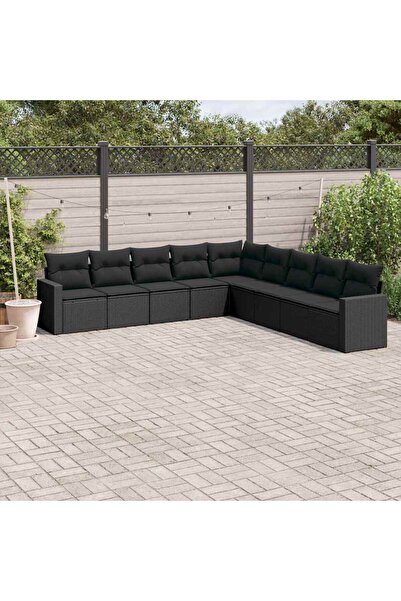 vidaxl Set mobilier de gradina cu perne, 9 piese, negru, poliratan