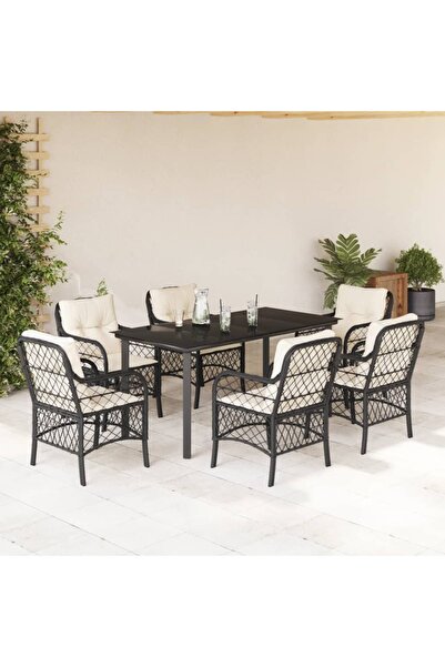 vidaxl Garden furniture set with cushions, 7 pieces, black, polyrattan