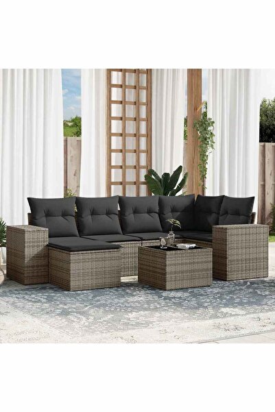 vidaxl Set canapele de gradina, 7 piese, cu perne, gri, poliratan