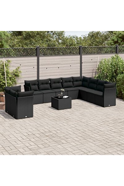 vidaxl Set canapele de gradina cu perne, 11 piese, negru, poliratan