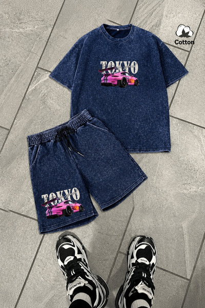 ZAVIXO Unisex Anthracite Washed Printed Shorts Set Oversize Comfortable Fit S...