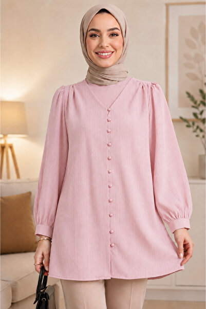 bellura Top Düğmeli V Yaka Krinkıl Tunik