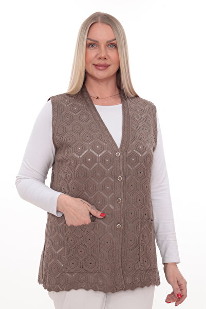 İKSUN Women's Mercerized Pocketed Buttoned Rolax Knitwear Seasonal Mother's Vest