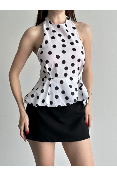 Liva Style Co Beyaz Puantiye Desenli Poplin Balon Top