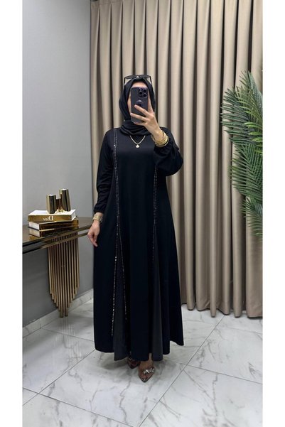 ModaMinar Women's New Season Stoned and Leather Detailed Crystal Combed Cotton Dress