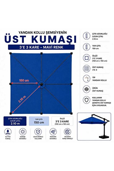 Şemsiyecim 3x3 Kare Yandan Kollu Şemsiye Üst Kumaşı Su İtici