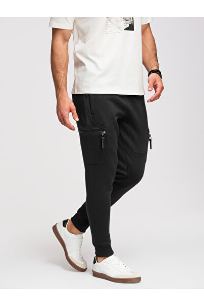 OMBRE Pánské jogger kalhoty s kapsami a stahovací šňůrkou OM-PASK-0222 Černá
