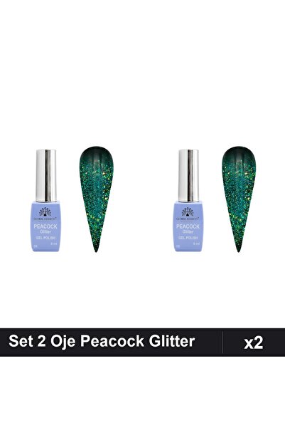 Makeup Set of 2 Semi-permanent Nail Polish Peacock Glitter 8ml, Shade 08, UV/...