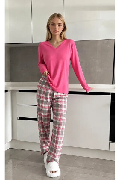 Cool & Sexy Plaid Patterned Bottom Pink Top V-Neck Long Sleeve Pajama Set