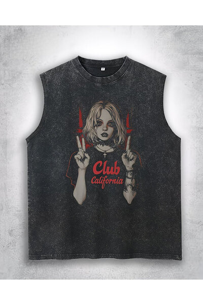 Le Savu Club California Printed Crew Neck Washed Vintage Unisex Oversize Athl...