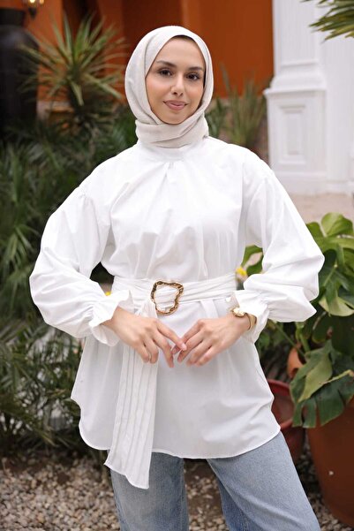 İmajButik Ecru Elastic Sleeve Belted Shirt