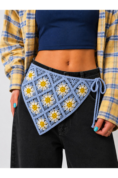 synshop Blue Knitted Sunflower Daisy Triangle Waist Bandana Women's Bohemian ...