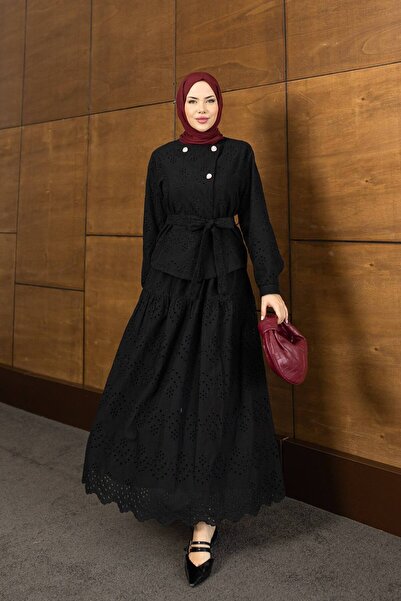 PİNK FLY Set Hijab cu scoici cu fustă lungă cu detaliu în piatră de vară