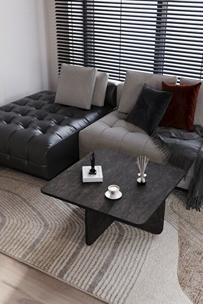 BAMOSA Mirael Siyah Kartal Dokulu Kare Orta Sehpa – 73*73cm Minimal Modern Ta...