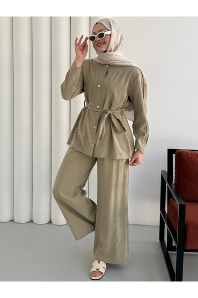 Modaensarbutik Kolları Nervül Dikiş Detay Pantolon Tesettür Takım-MİNT YEŞİLİ