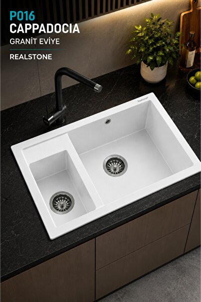 RealStone P016 Cappadocia 1.5 Gözlü Damlalıksız Granit Eviye Beyaz 70x50