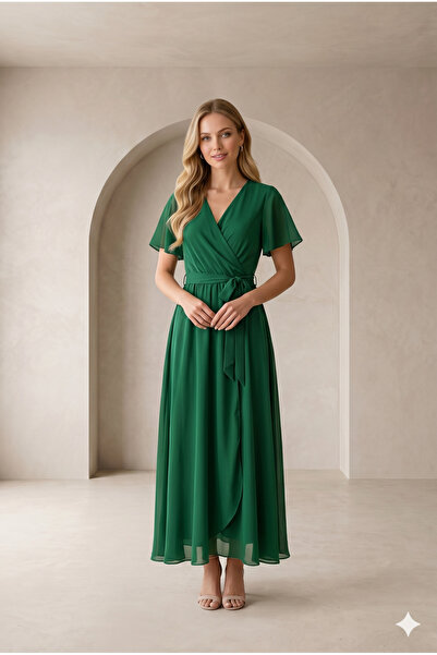 ALFU Moda Kadın Kuşaklı Kısa Kol Midi Wrap Elbise