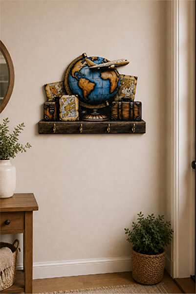 no77decor Dünya Haritası ve Uçak Temalı Dekoratif Duvar Askılı Anahtarlık – 3...