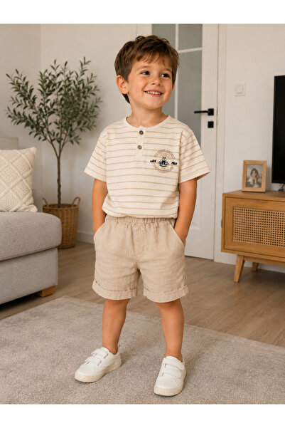 Mina Mino Baby Boys' Striped T-Shirt Shorts Set 100% Cotton Top Linen Shorts ...
