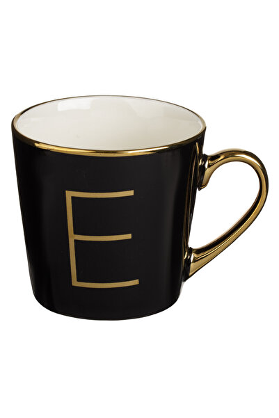 Zumzeria New Bone Black Mug with Golden Letter E & Handle 460ml