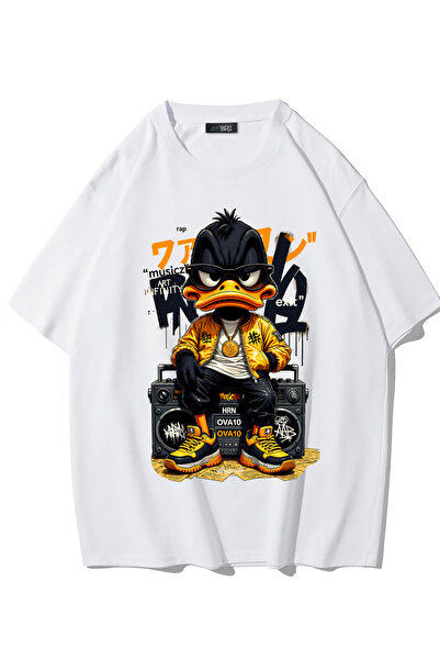 BRZ COLLECTION Tricou unisex oversize cu imprimeu frontal cu rață (ALB)