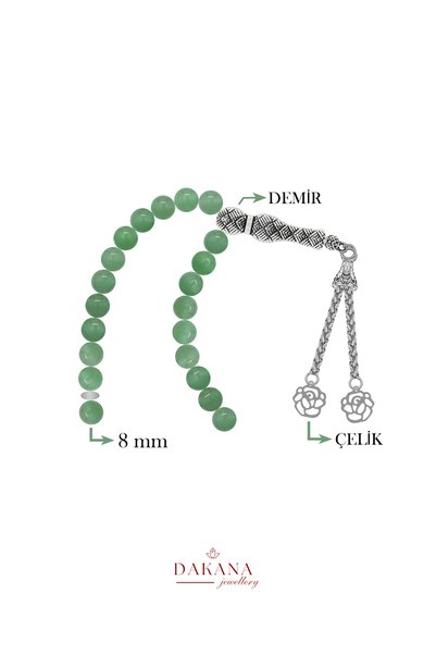 DAKANA JEWELLERY Certified 8 mm Aventurine Stone Lotus Flower Steel Tassel Natural Stone Prayer Beads