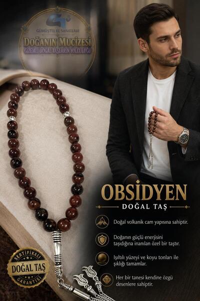 GÜMÜŞTEL EL SANATLARI Certified Obsidian Natural Stone Prayer Beads