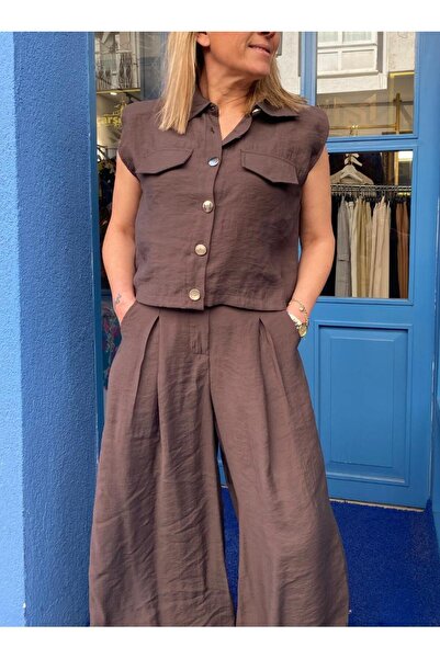 Qualia Butik Women's Padded Sleeveless Shirt and Wide-Leg Pants Tencel Fabric...