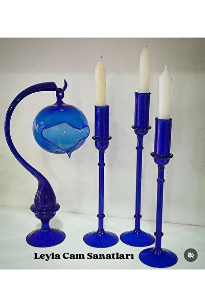 LEYLA CAM SANATLARI CAM ÜFLEME MUMLUK BOROSİLİKAT MAVİ RENK 3 LÜ SET