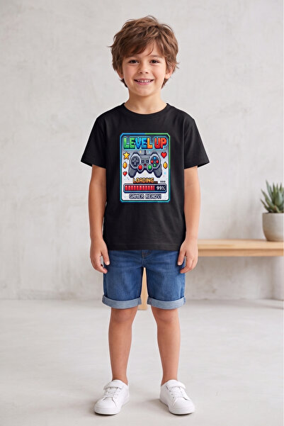 remonz Tricou negru cu imprimeu Game pentru băieți - Tricou cu tematică Level Up