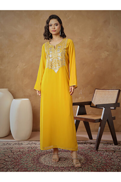 Sassafras By Styli Yellow Embroidered Round Neck Abaya Maxi Dress