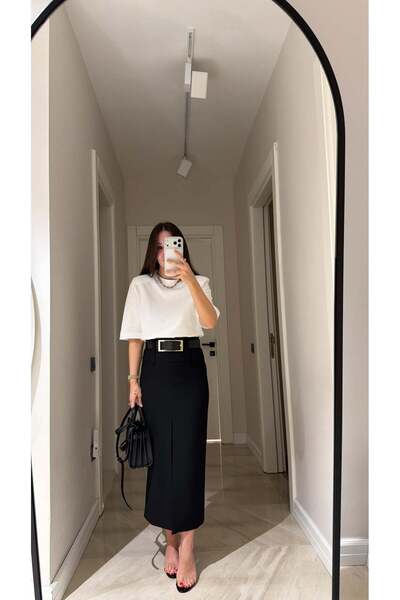 HARMONY GLOBAL Women's Black High Waist Midi Length Double Fabric Pencil Skir...