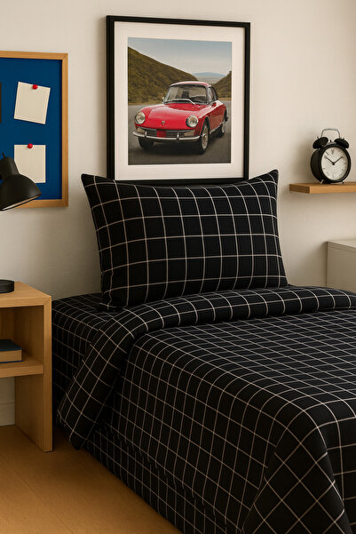 SADEN HOME Single Black Checked Bedding Set